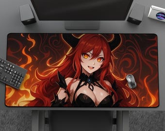 Anime Demon Girl Mousepad, Cool Waifu Desk Mat With Flames, Large Extended Gaming Mat For Anime Lovers & Gamers, Tasteful Anime Girl Art