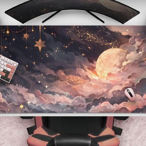 Stardust - Celestial Moon & Clouds Mousepad, Starry Night Sky Desk Mat, Pink And Black Cloudscape, Large Gaming Mat, Cute Office Decor