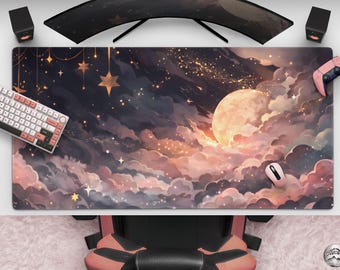 Stardust - Celestial Moon & Clouds Mousepad, Starry Night Sky Desk Mat, Pink And Black Cloudscape, Large Gaming Mat, Cute Office Decor