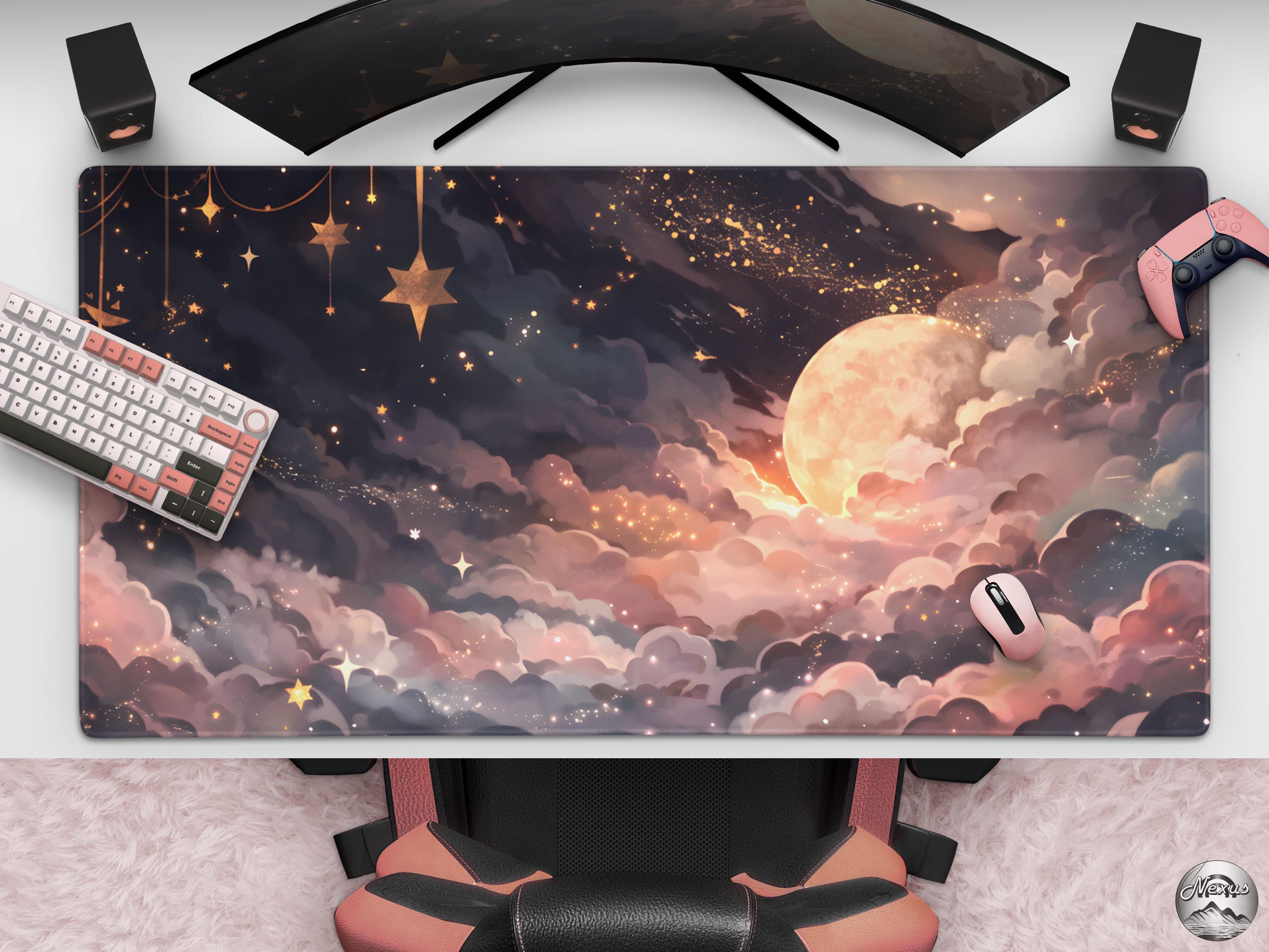 Stardust - Celestial Moon & Clouds Mousepad, Starry Night Sky Desk Mat, Pink And Black Cloudscape, Large Gaming Mat, Cute Office Decor