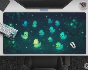 Cute Lo-Fi Ducks Mousepad, Calming Ducks & Fireflies Desk Mat, Large Gaming Mat For Office And Gamers, Aesthetic Lo-Fi Night Scene With Pond
