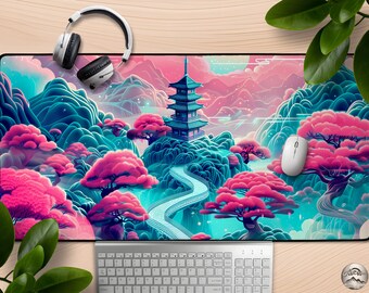 Edo Dreamscape Neon Japanese Sakura Landscape, Pastel Zen Nature Desk Mat, Anime, Aesthetic Gaming Decor, Large Mouse Pad, Desk Accessories