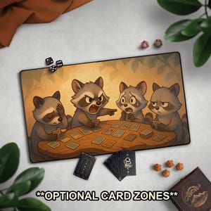 Raccoons Playing Cards TCG Playmat, Funny Arguing Raccoons TCG Mat With EDH Card Zones, Funny Animal Art For Raccoon Lovers