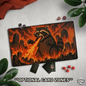 Giant Fire Breathing Raccoon TCG PlayMat With EDH Zones, Funny Animal Causing Chaos, Comic Style Trash Panda, Raccoon Lover Gag Gift