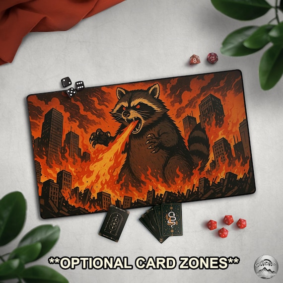 Giant Fire Breathing Raccoon TCG Playmat With EDH Zones, Funny