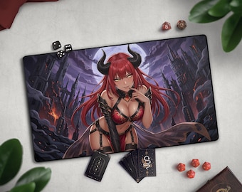 Demon Girl TCG Playmat,  EDH Anime Vampire Waifu Mat, Fantasy Kingdom With Full Moon, Large Extended Play Mat, Premium Stitched Edge Mat