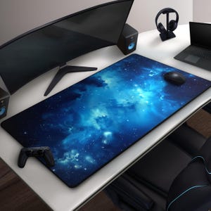 Blue Cosmic Sky Mousepad, Celestial Galaxy & Stars Desk Mat, Cool Cloudscape, Large Gaming Mat, Astronomy Office Decor, Deep Space Art