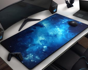 Blue Cosmic Sky Mousepad, Celestial Galaxy & Stars Desk Mat, Cool Cloudscape, Large Gaming Mat, Astronomy Office Decor, Deep Space Art