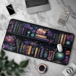 Witchy Purple Bookshelf Desk Mat, Celestial Floral Books & Magic, Fantasy Witchcraft, Large Gaming Desk Mat, Office Decor, Crystal Globe