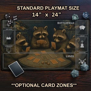 Cute Racoons Playing Cards Playmat, Trash Panda TCG Mat With Card Zones For MTG, Large Extended Playmat, Raccoon Lover TCG Gift, Funny Gift