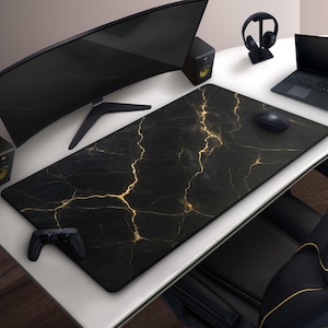 Black Marble Gaming Mousepad, Luxury Gold Vein Desk Mat, Elegant Stone Texture, Modern Minimalist Office Decor, Stylish Gift For Gamers