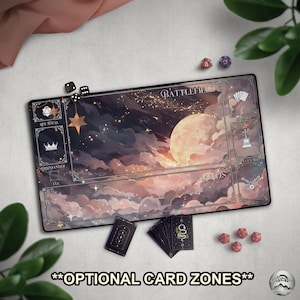 Celestial Stars & Clouds Playmat, Cute Kawaii Black Pink Gold TCG Mat , Mat With EDH Zones, Tabletop Gamer Gift, Large Extended Playmat