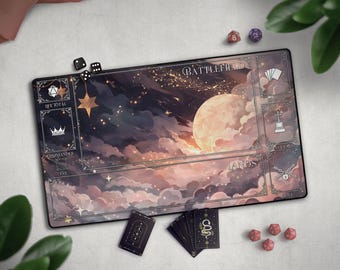 Celestial Stars & Clouds Playmat, Cute Kawaii Black Pink Gold TCG Mat , Mat With EDH Zones, Tabletop Gamer Gift, Large Extended Playmat