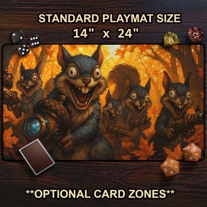 Psycho Squirrels With Acorn Blasters MTG Playmat, Crazy Squirrels & Guns TCG Mat With Card Zones, Funny MTG Player Gift For Tabletop Gaming