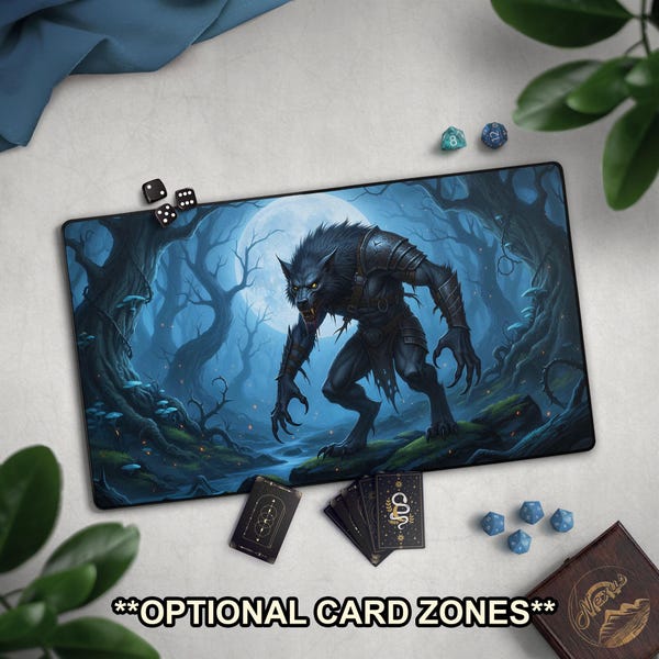 Werewolf TCG Playmat, Full Moon Forest Night Mat With EDH Card Zones For Werewolf Themed Deck, Large Extended Fantasy Play Mat
