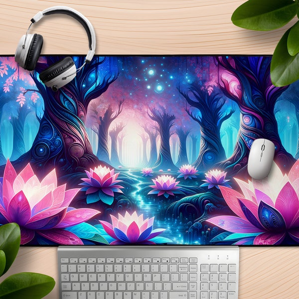 Fantasy Flora - Stylized Lotus Landscape Mousepad, Floral Nature Desk Mat, Gaming Decor, Large Extended Mouse Pad,  Office Desk Accessories