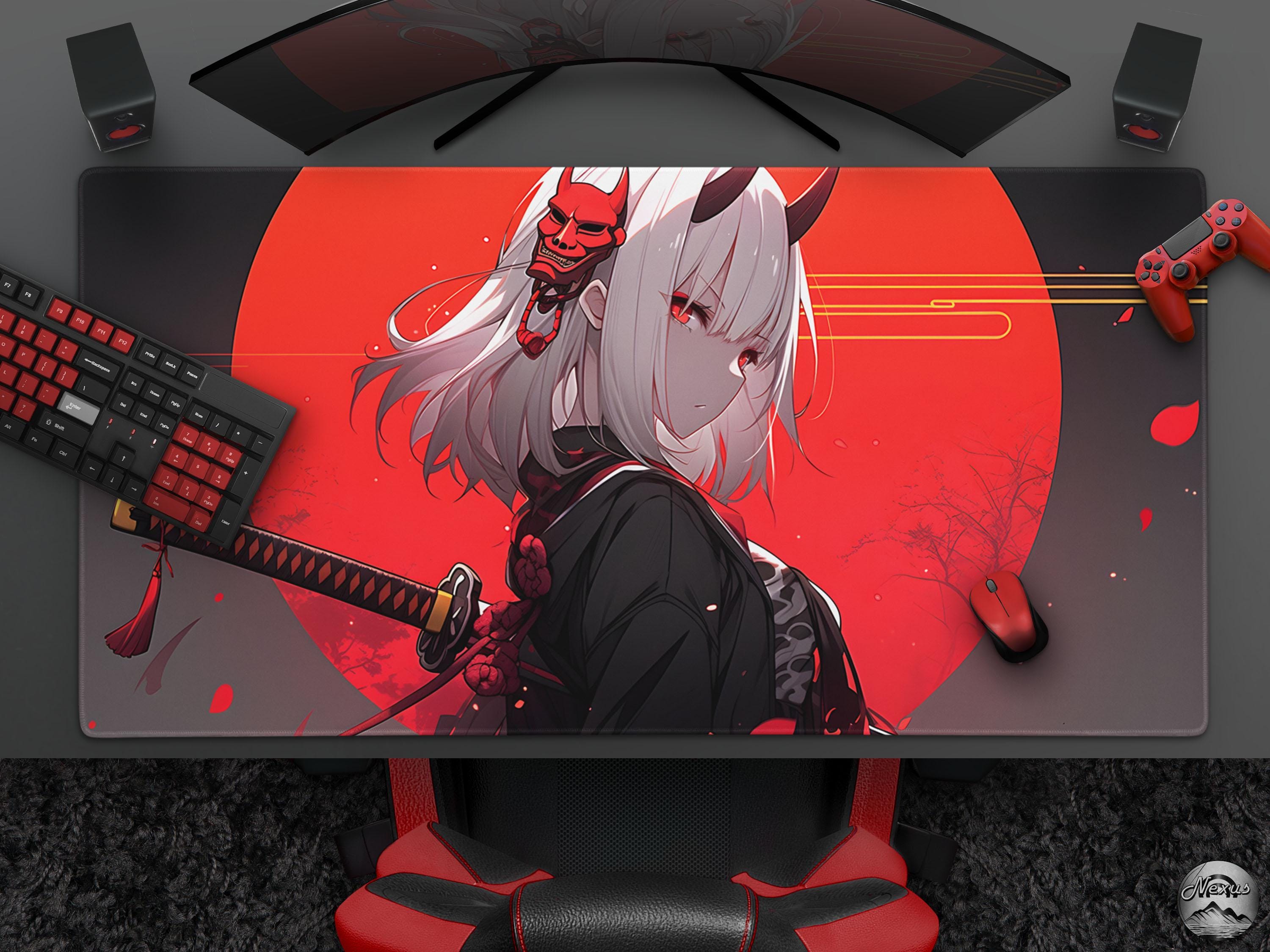 The Crimson Oni - Oni Samurai Mousepad, Anime Katana Girl Desk Mat, Aesthetic Gaming Decor, Large Extended Mouse Pad,  Desk Accessories