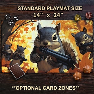 Squirrels With Guns TCG Playmat, Squirrel Horde TCG Mat With Card Zones, Funny MTG Gift For Tabletop Gaming, Squirrel Deck Player Gift