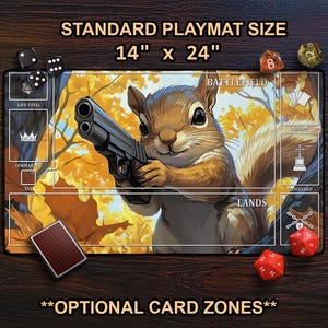 Funny Squirrel With Gun Playmat, Psycho Squirrel With Gun TCG Mat, MTG Mat With Card Zones, Fall & Autumn, Large Extended Playmat Funny Gift