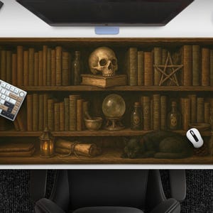 Witchy Bookshelf Mousepad, Occult Shelf with Black Cat Desk Mat, Dark Academia, Gothic Bookish Decor With Books & Magic, Large Extended Mat