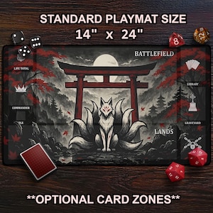 White Fox Spirit & Red Moon Playmat, Cool Kitsune TCG Mat, MTG Mat With Optional Card Zones, New Player Gift For Tabletop Gaming Lovers