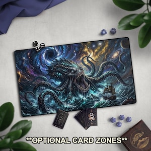 May include: A rectangular play mat featuring a detailed illustration of a kraken in a stormy sea with a ship. The mat has a dark background with swirling blues, purples, and golds. Text at the bottom reads "**OPTIONAL CARD ZONES**".