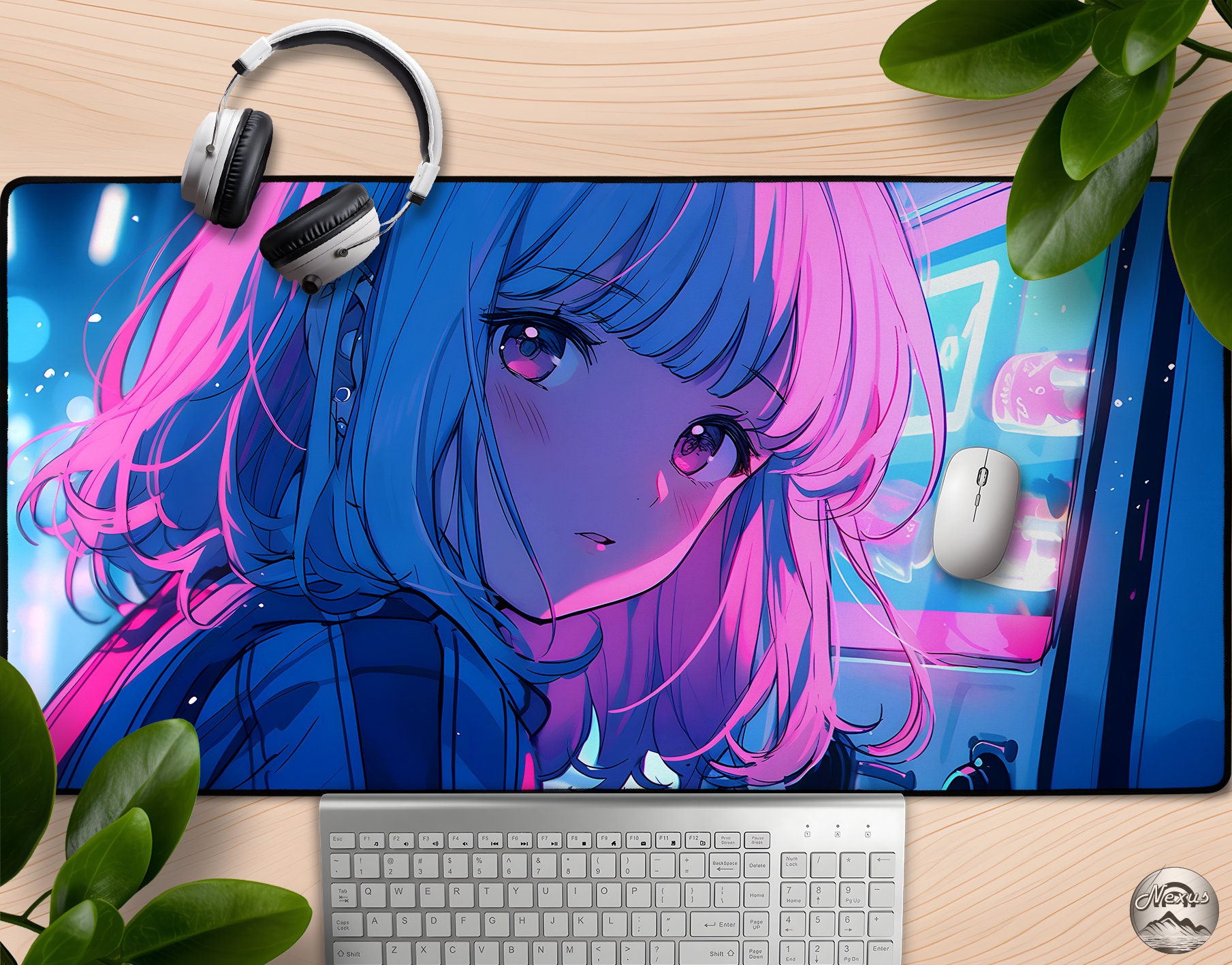 Neon Dreamer Cute Anime Girl Mousepad, Retro Synthwave Desk Mat