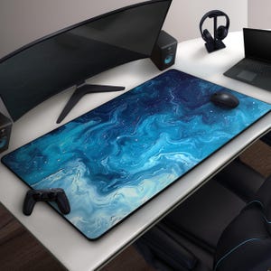 Abstract Ocean Wave Mousepad, Modern Blue Seafoam Desk Mat, Artsy Watercolor Ink Design , Large Gaming Mat, Contemporary Office Decor