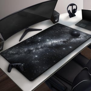 Starry Night Galaxy Desk Mat, Cosmic Space Milky Way Large Gaming Mousepad, Black & White Celestial Aesthetic, Minimalist Extended Mouse Pad
