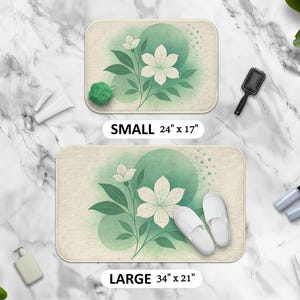 Floral Boho Memory Foam Bathmat, Calming Modern Botanical Nature Bathroom Rug, Soft Anti-Slip Home Spa Decor, Cute Green Minimalist Bath Mat