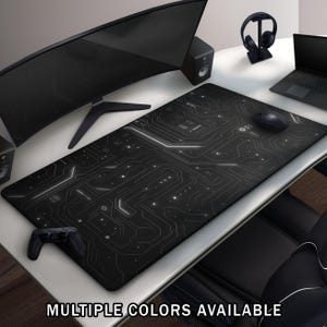 Futuristic Circuit Board Gaming Mouse Pad, Black & White Tech-Inspired Desk Mat, Large Cyberpunk Grid Design, Cool Gamer Gift For Him