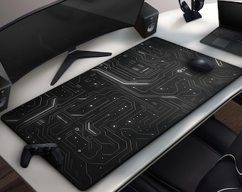 Futuristic Circuit Board Gaming Mouse Pad, Black & White Tech-Inspired Desk Mat, Large Cyberpunk Grid Design, Cool Gamer Gift For Him