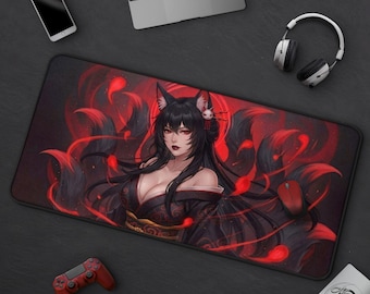 Cool Fox Girl Anime Mousepad, Kitsune Gaming Desk Mat, Black & Red Fantasy Mat, Large Extended Mat, Japanese Yokai Waifu, 9 Tailed Demon Fox