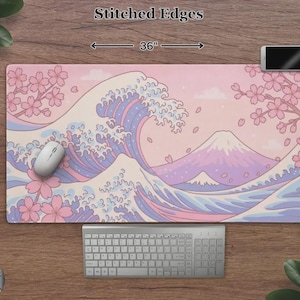 Kawaii Cherry Blossom Great Wave Mousepad, Cute Pastel Pink & Blue Sakura Desk Mat, Large Anime Mat For Gaming And Office Bild 4