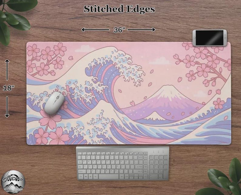 Kawaii Cherry Blossom Great Wave Mousepad, Cute Pastel Pink & Blue Sakura Desk Mat, Large Anime Mat For Gaming And Office Bild 4