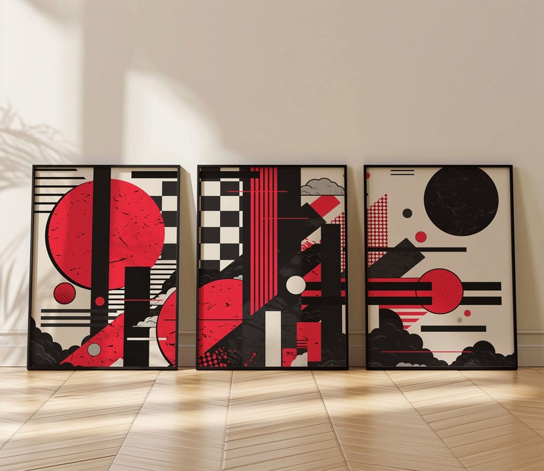 Set of 3 Modern Abstract Prints, Cool Geometric Contemporary Art, Red