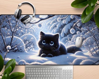 Desk Mat: Winter&#39;s Curiosity - Cute Black Cat In Snow Mousepad, Kawaii Neko Art, Large Anime Mat For Gaming, Nature-Inspired Office Decor