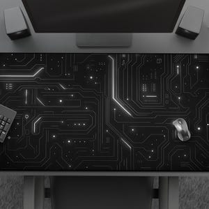 Futuristic Circuit Board Gaming Mouse Pad, Black & White Tech-Inspired Desk Mat, Large Cyberpunk Grid Design, Cool Gamer Gift For Him