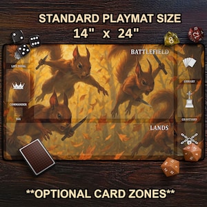 Combat Squirrels MTG Playmat, Squirrel with Knife TCG Mat With Card Zones, Funny MTG Player Gift For Squirrel Deck, Crazy Forest Squirrels