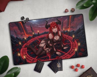 Anime Vampire Girl TCG Playmat, Waifu Demon Mat With EDH Zones, Red Eyed Gothic Succubus, Large Extended Playmat, Summoning Ritual