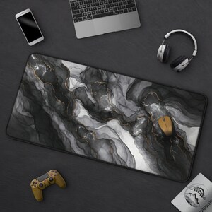 Modern Abstract Marble Desk Mat, Aesthetic Black Grey White Mousepad, Large Gaming Mat, Monochrome Office Decor, Minimalist Mat, Gamer Gift