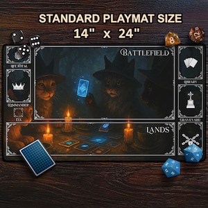 Witchy Cats TCG Playmat, Cats Playing Cards MTG Mat With Card Zones, Enchanted Fantasy Forest, Ideal Gift For Cat & Witchy Aesthetic Lovers