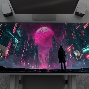 Desk Mat: Dystopian Vision V2 - Cool Cyberpunk Mousepad, Futuristic Neon Urban Cityscape, Large Gaming Mat, Sci-Fi Vaporwave Office Decor