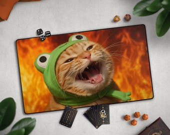 Funny TCG Playmat: Screaming Cat With Frog Hat, Unhinged Cat Lover