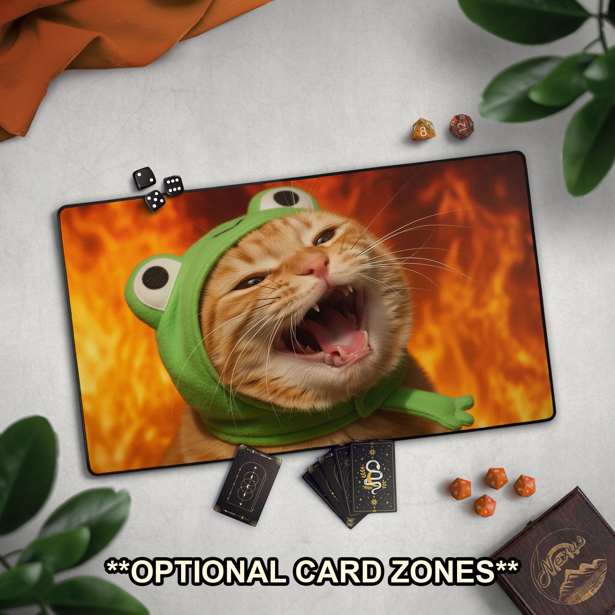 Funny TCG Playmat: Screaming Cat With Frog Hat, Unhinged Cat Lover