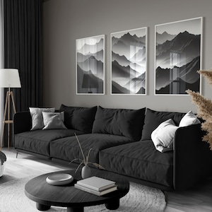 Set of 3 Monochrome Mountains Landscape Print, Neutral Minimalist Decor, Nature Inspired Modern Art, Cool Greyscale Triptych, UNFRAMED PRINT