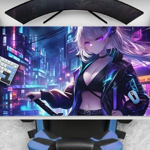 Anime Girl in Cyberpunk Aesthetic Mousepad, Cool Waifu Neon Synthwave Desk Mat, Aesthetic Gaming Decor, Large Mouse Pad, Desk Accessories