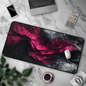 Velvet Abyss - Dark Abstract Mousepad, Cool Pink & Black Desk Mat, Modern Textured Wave Design, Large Gaming Mat, Contemporary Office Decor