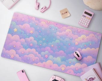 Kawaii Pastel Clouds Desk Mat, Cute Cotton Candy Clouds & Stars Mousepad, Dreamy Pastel Pink Blue Purple Gaming Mat, Aesthetic Gamer Gift