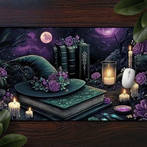 Witchy Celestial Fantasy Mousepad, Purple Gothic Floral Desk Mat, Books Candles Moon & Flowers Night Sky, Large Extended Mat, Witchcore